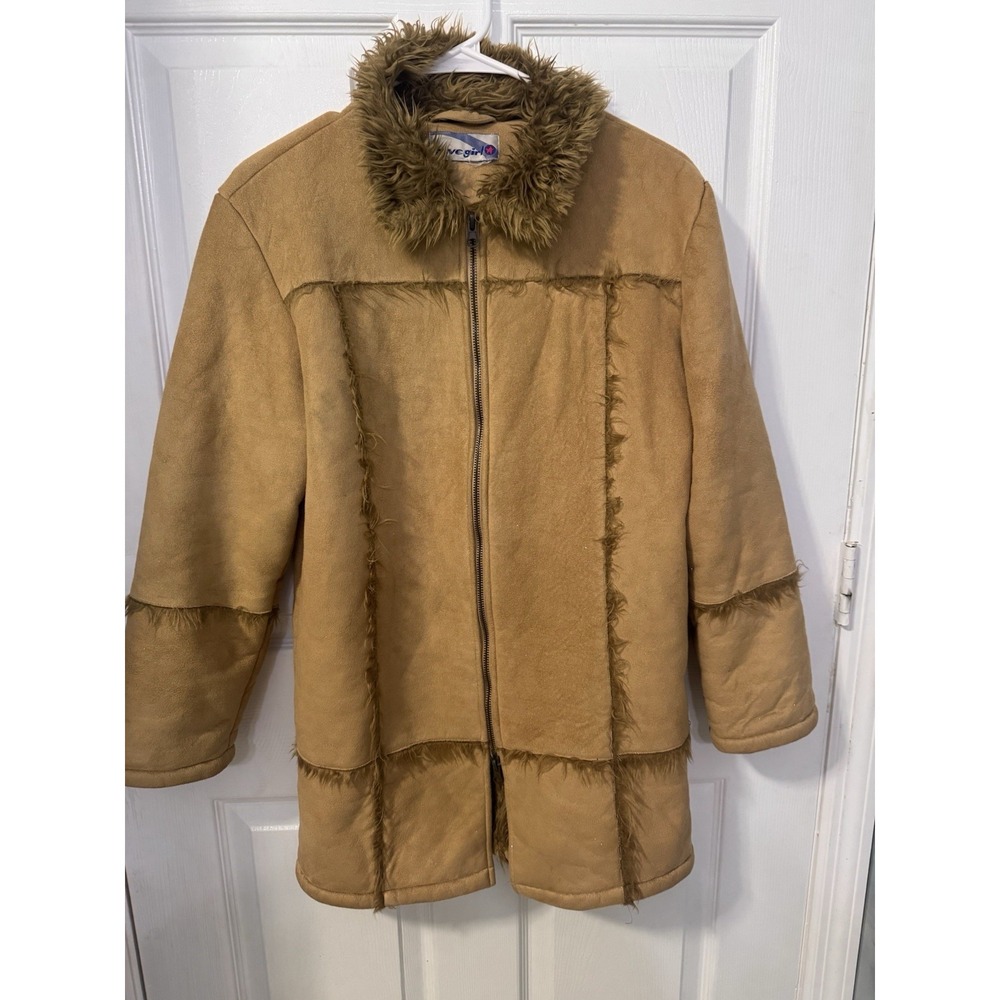Vintage Rave Girl Womens s Tan Faux Fur Trim Zip Front Long Coat Y2K penny lane
